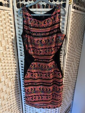 Hale Bob Black Mini Dress with Multicolor Sequin Tribal Pattern